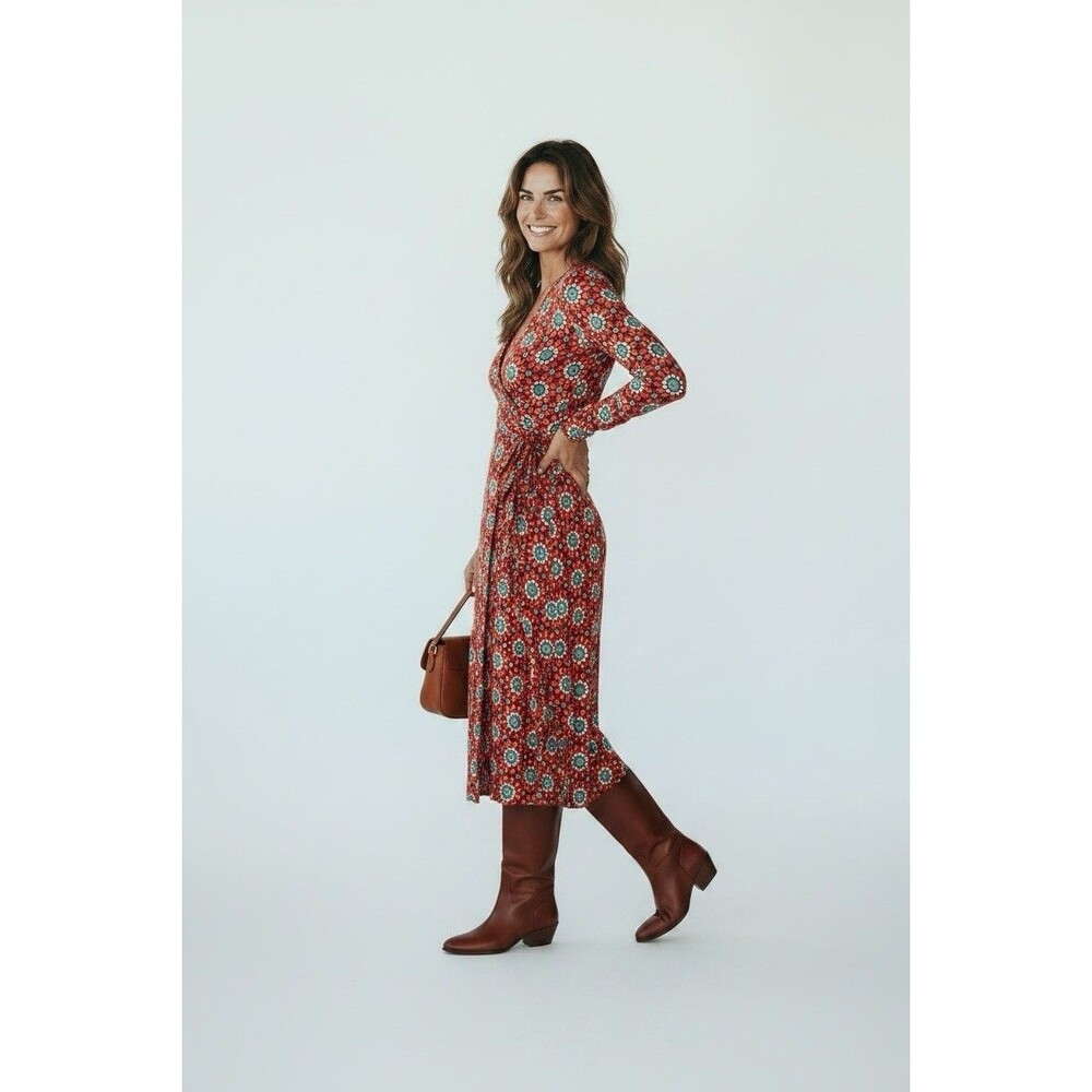 Boden Wrap Dress Womens 14R Red Geo Floral Print Long Sleeve Midi Tie Waist